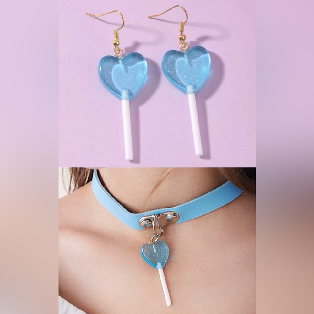 Blue Lollipop Heart Earrings & Choker Set
